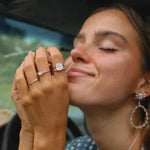 indie and harper sterling silver moonstone double twist ring being worn 