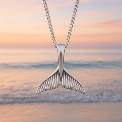 indie and harper Sterling Silver Whale tail necklace against a beach sunset background 