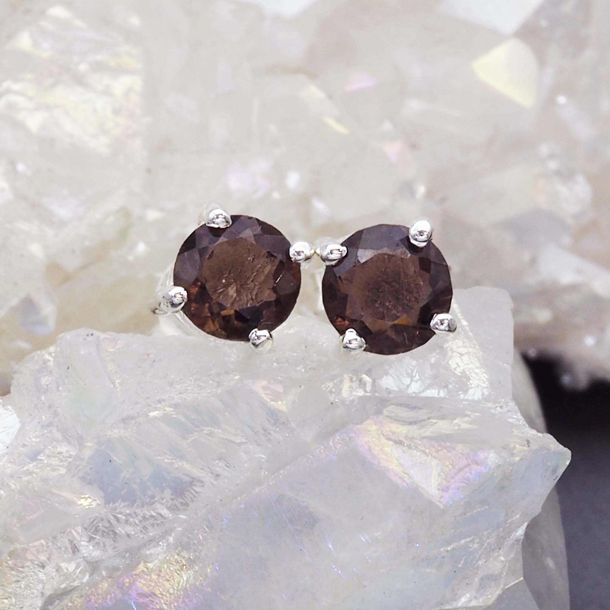 sterling silver dainty smokey quartz stud earrings