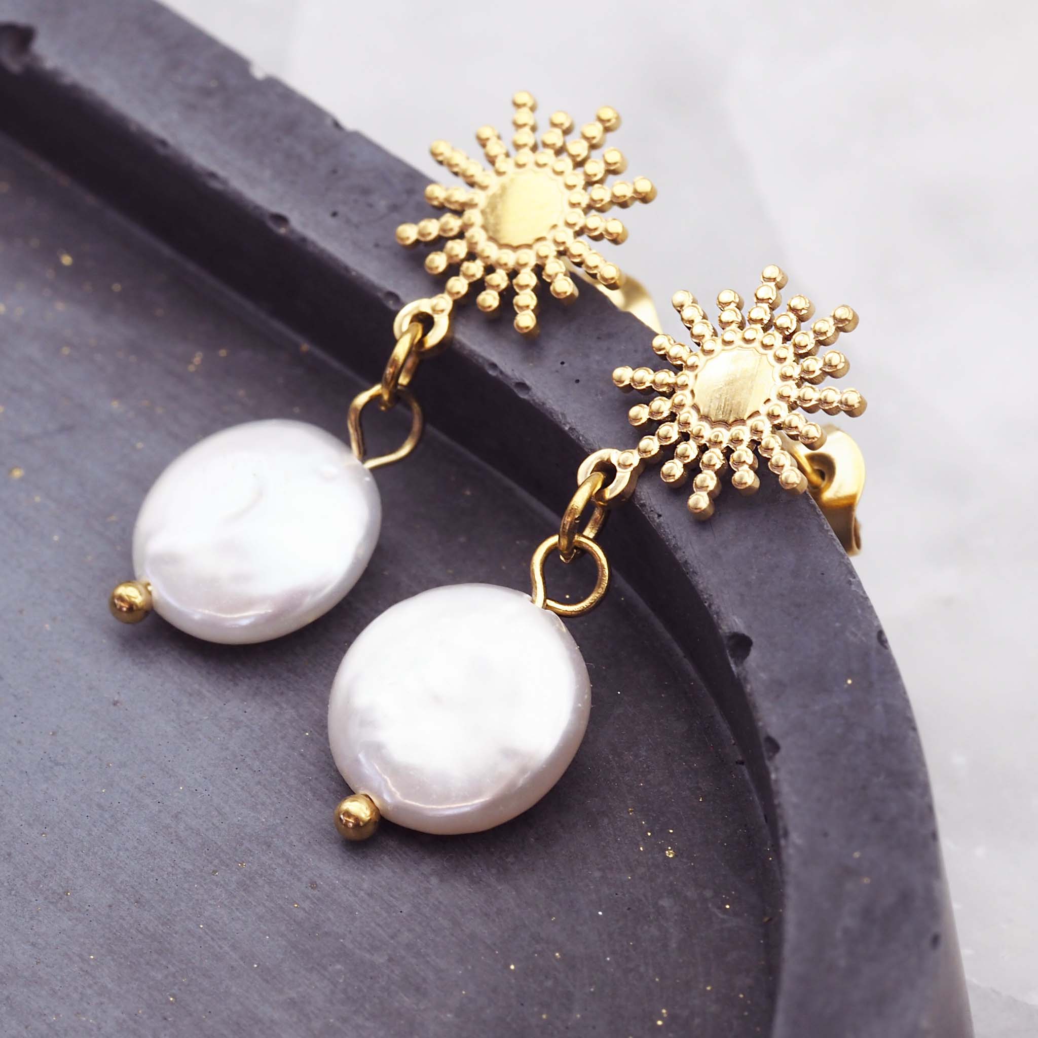 indie and harper Gold starburst freshwater pearl earrings