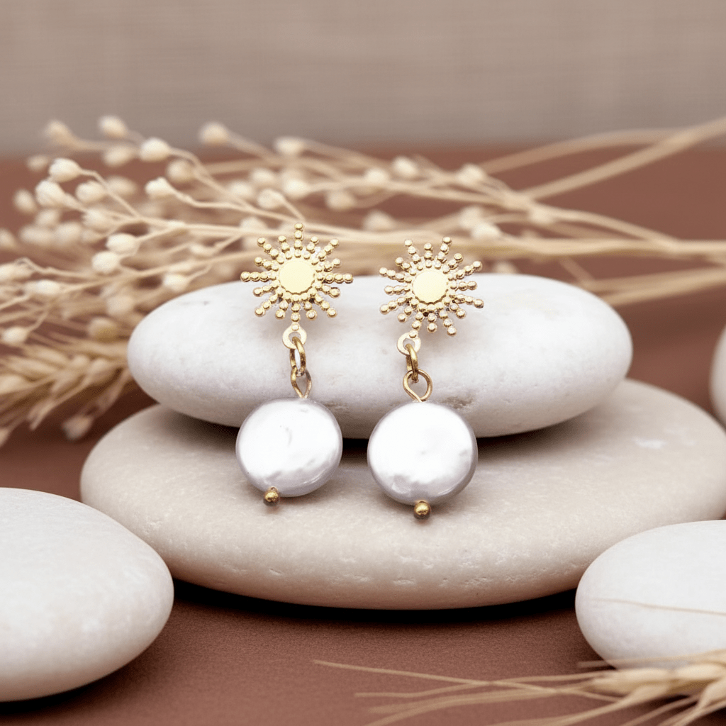 Gold sun-shaped earrings with white pearls on a stone surface with dried plants.