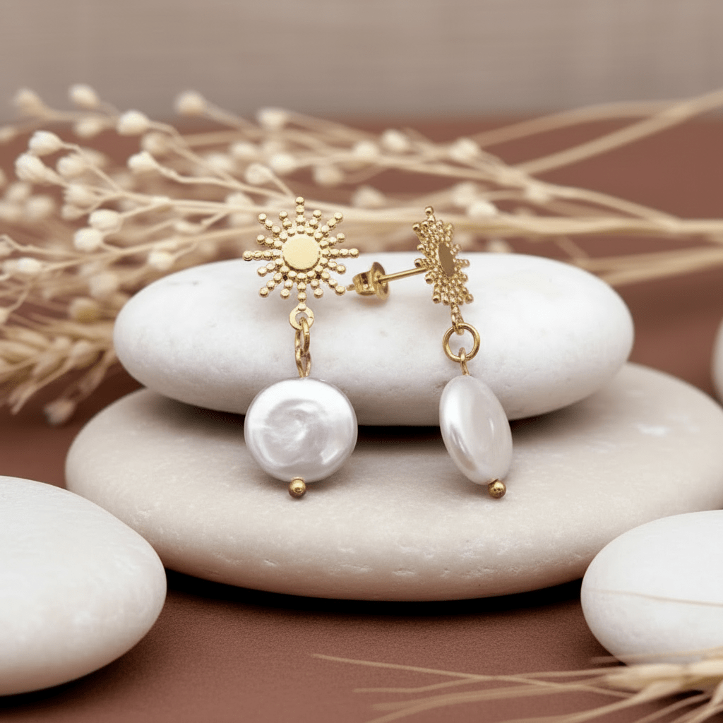 Gold earrings with pearl drops on white stones with dried plants in the background
