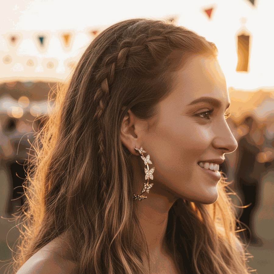 Woman with braided hair and butterfly earrings in a blurred outdoor setting