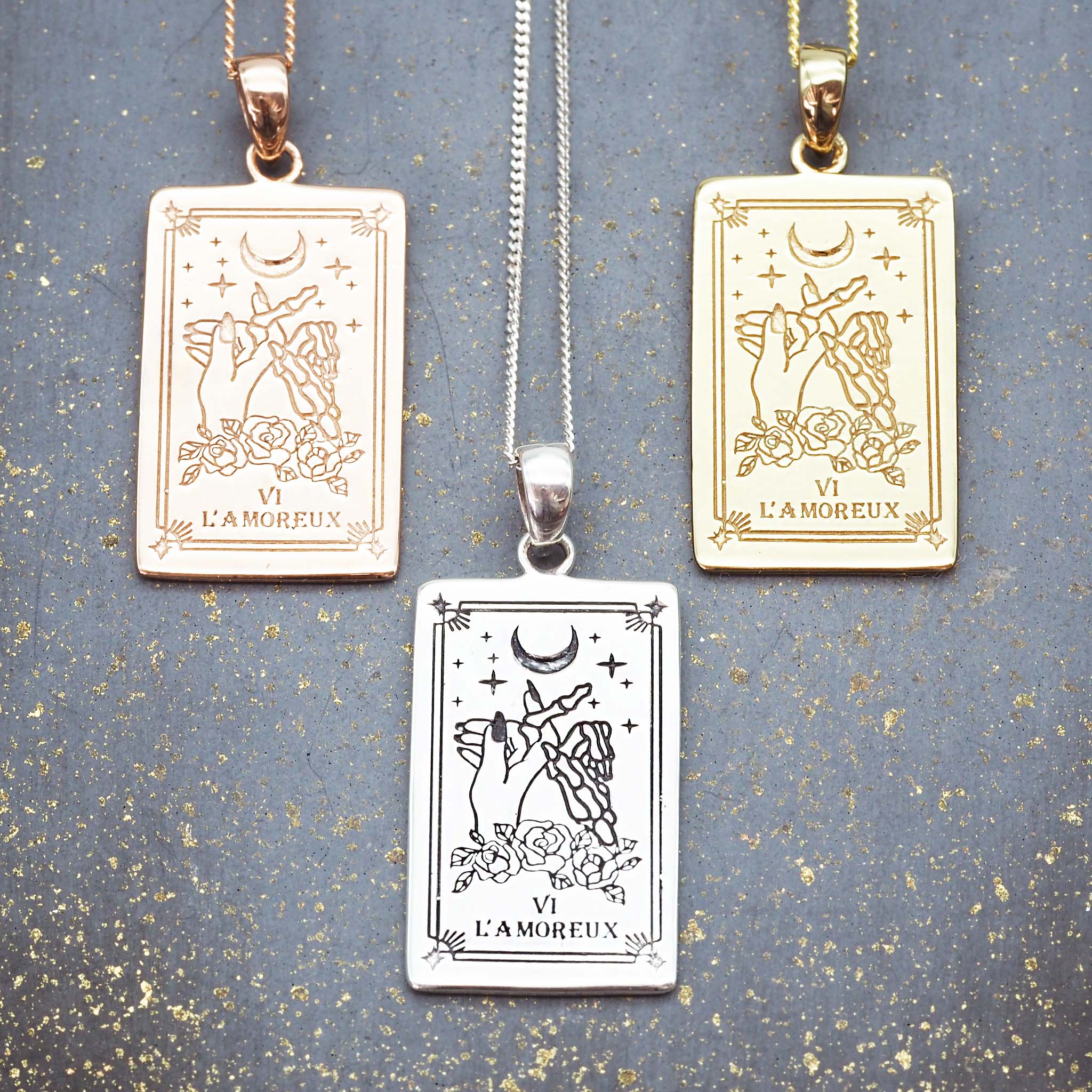 indie and harper the lovers tarot necklace in rose gold, silver and gold
