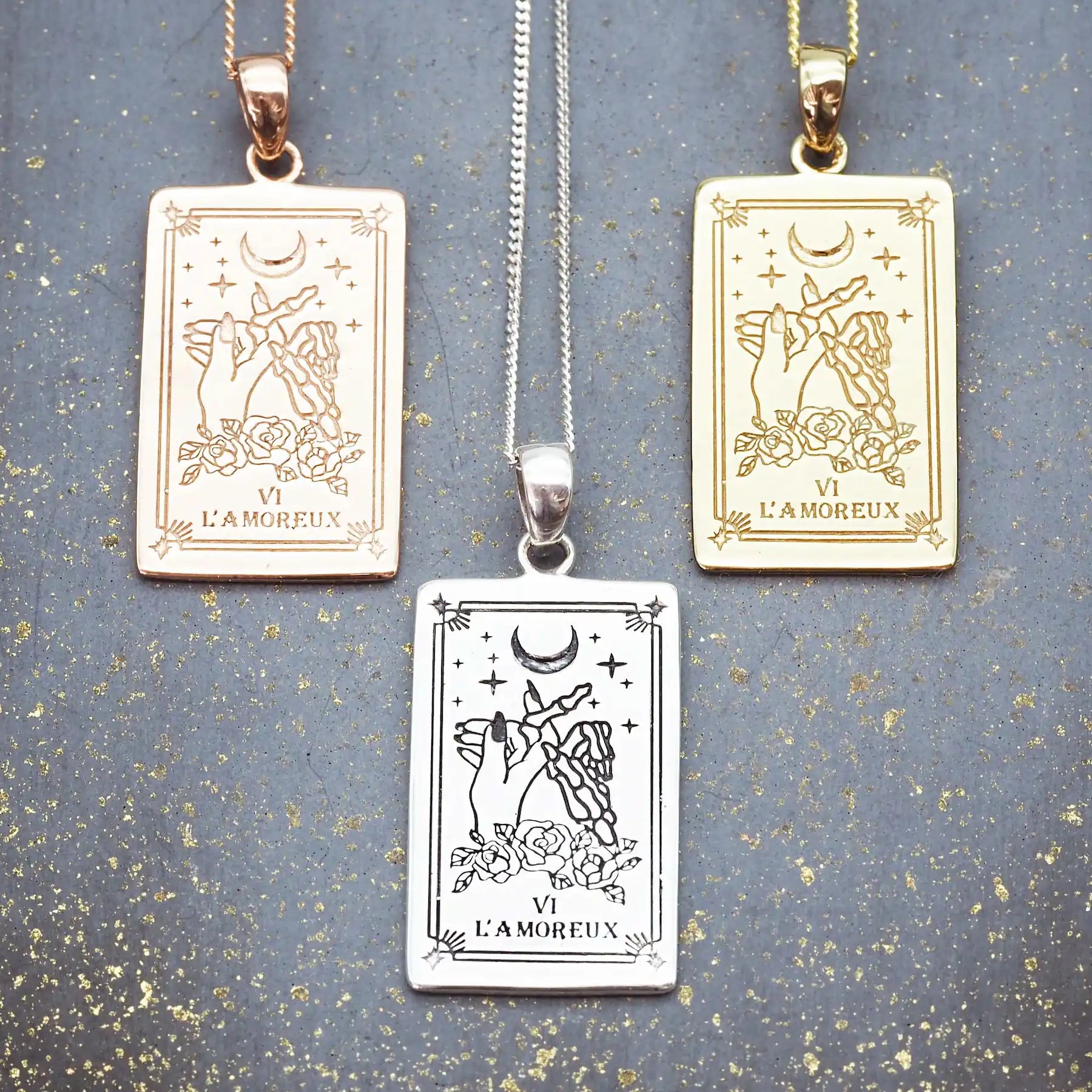 the lovers tarot card necklace in rose gold, silver and gold