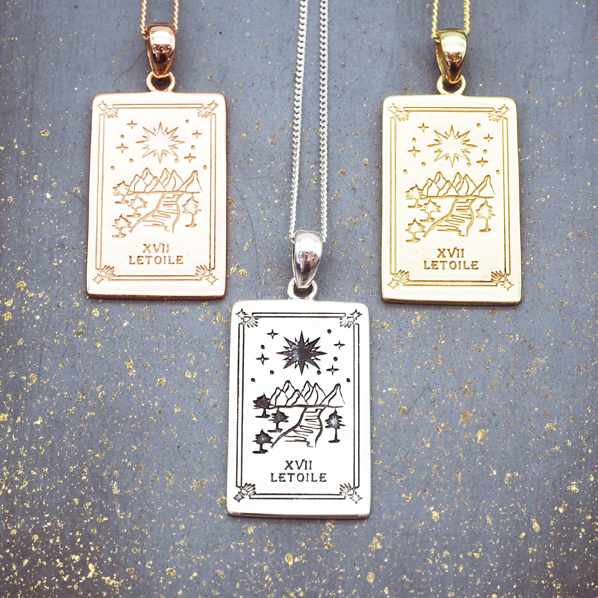 indie and harper the star tarot necklaces in silver, gold and rose gold