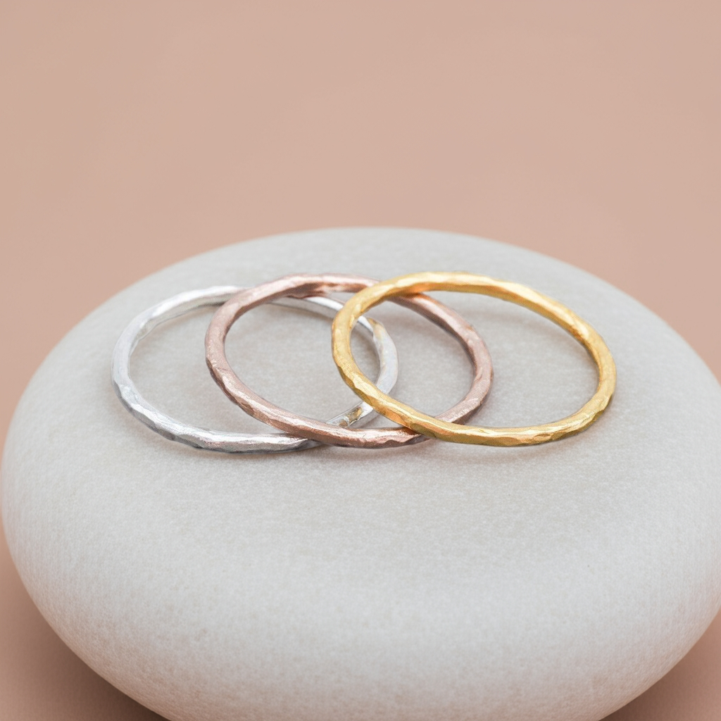 indie and harper dainty stacker rings in silver, rose gold and gold