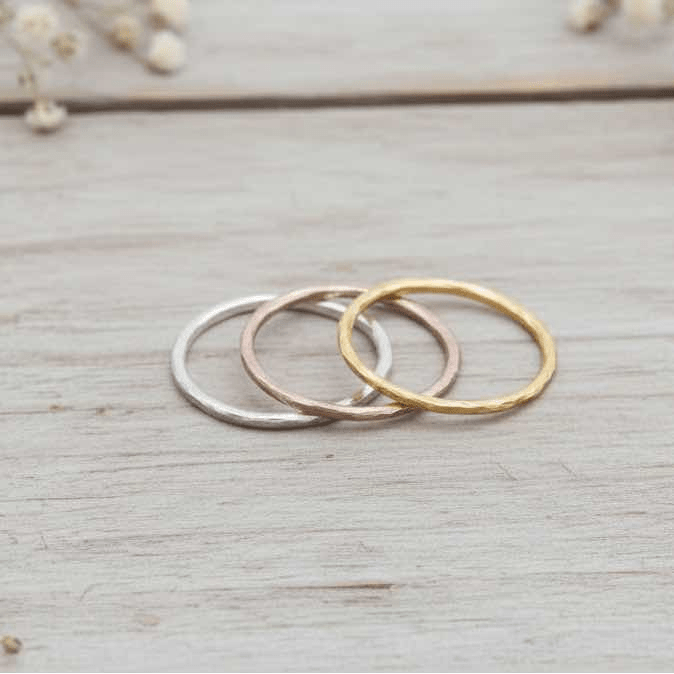 indie and harper dainty stacker rings in silver, rose gold and gold