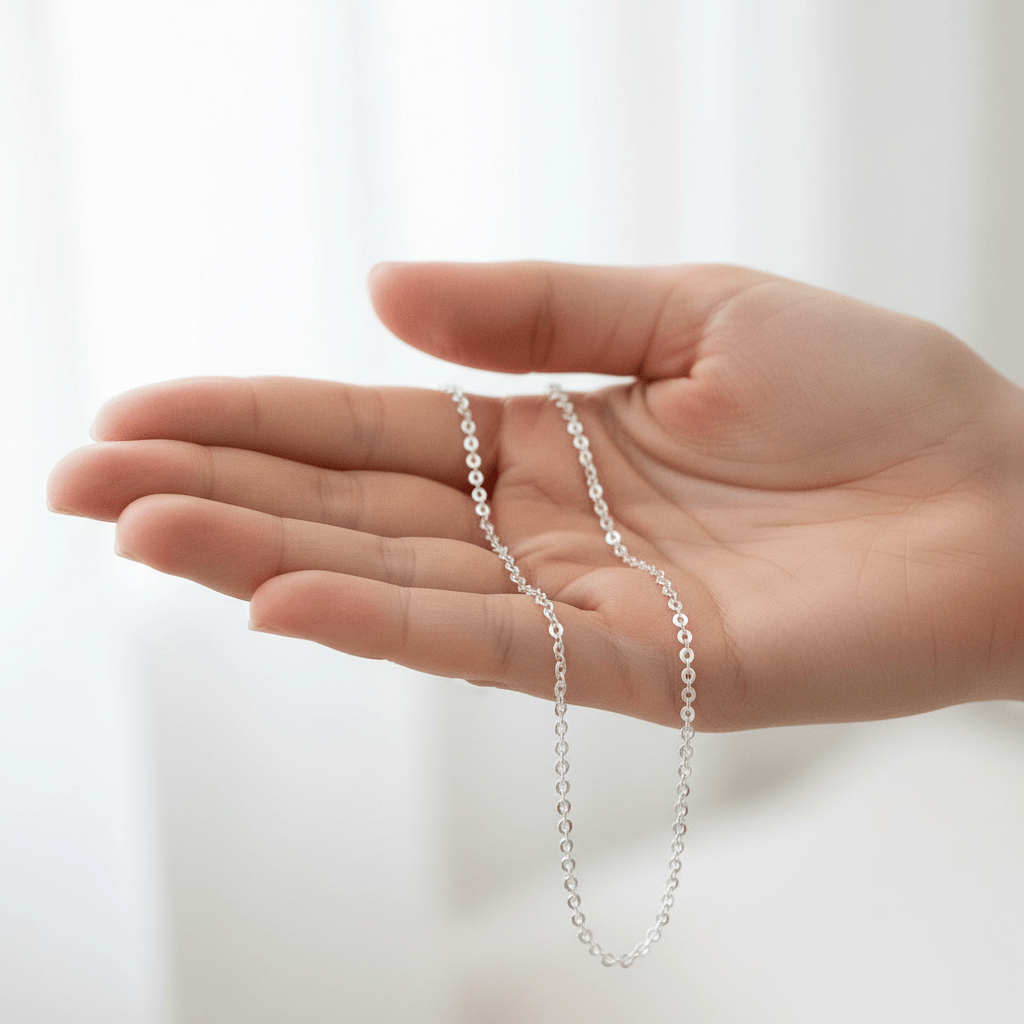 Silver chain held in a hand against a white background