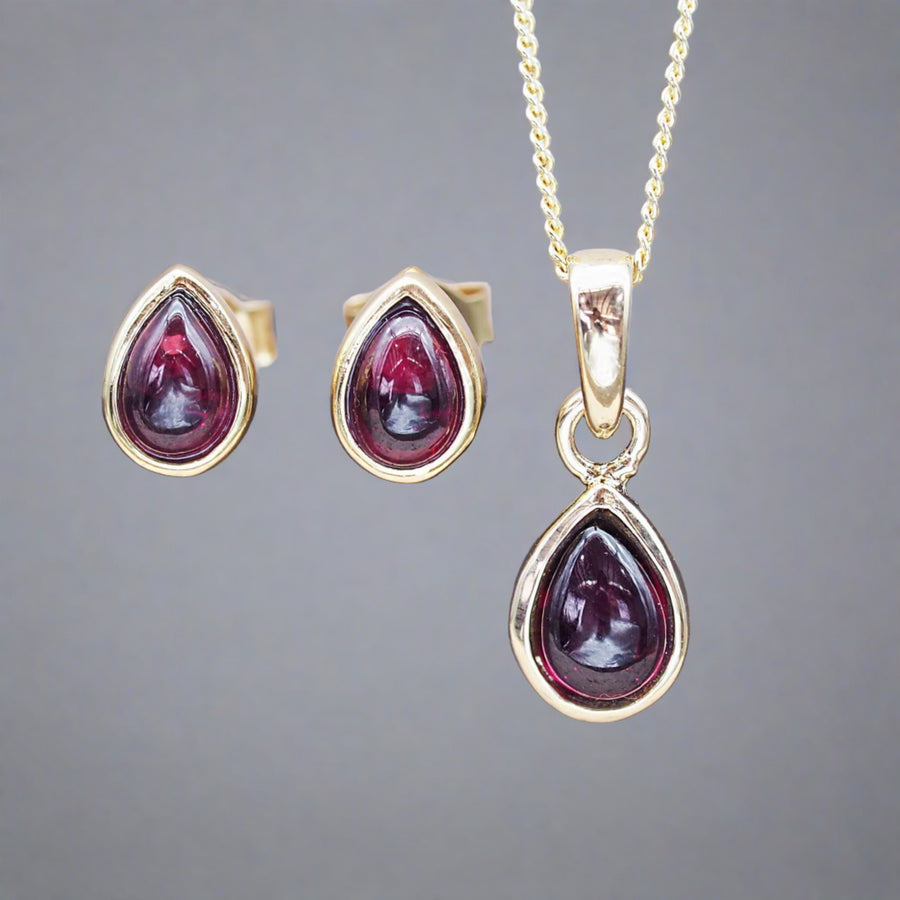 January Birthstone Jewellery - gold Garnet earrings and necklace