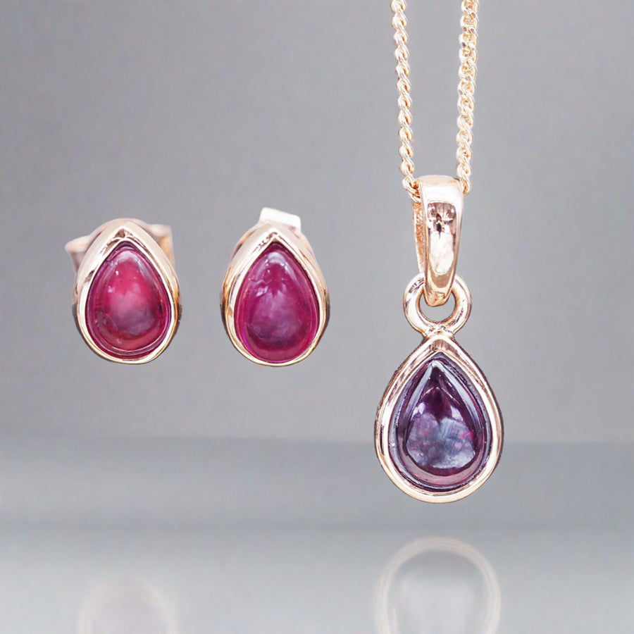 January Birthstone Jewellery - Rose gold Garnet earrings and necklace 