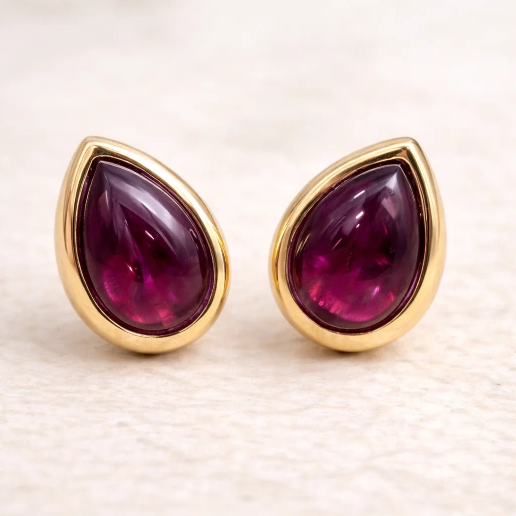 Gold January Birthstone Earrings with pear-shaped natural Garnet gemstones - January Birthday Jewellery Gift