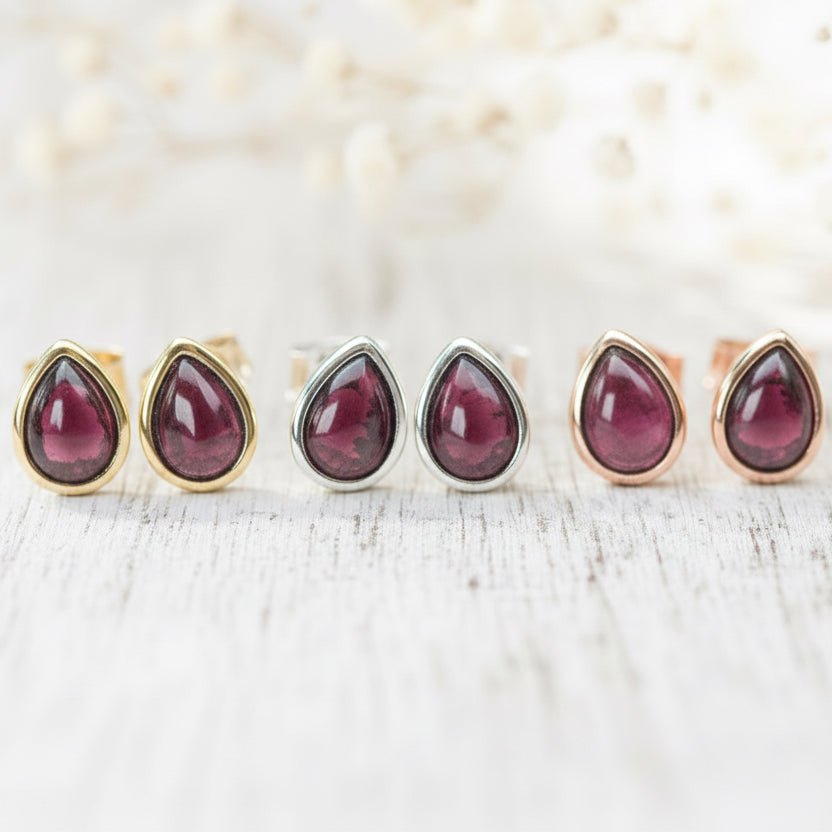 january birthstone garnet earrings in gold, silver and rose gold by Australian jewellery brands indie and harper