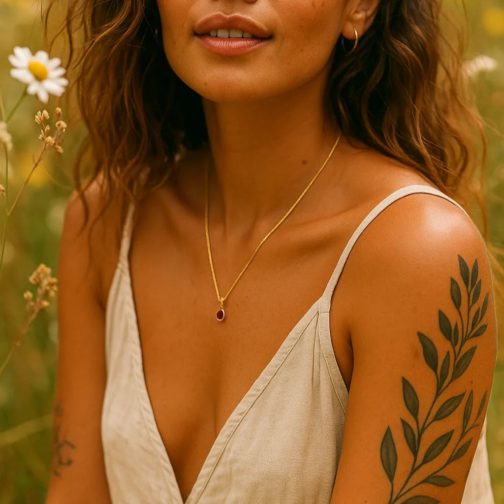 woman wearing a gold january birthstone garnet necklace by indie and harper australia
