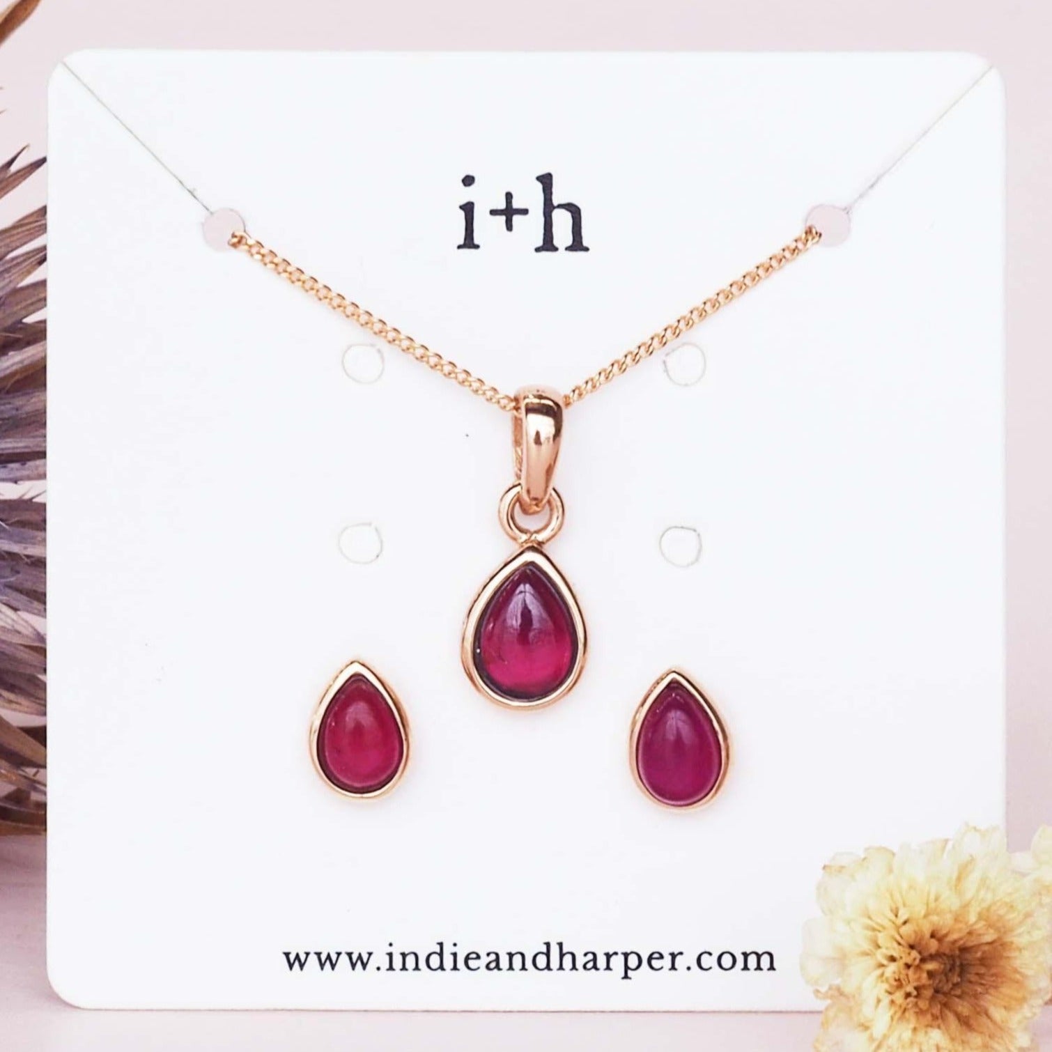 January Birthstone Garnet Necklace and Garnet Earrings by indie and harper australia