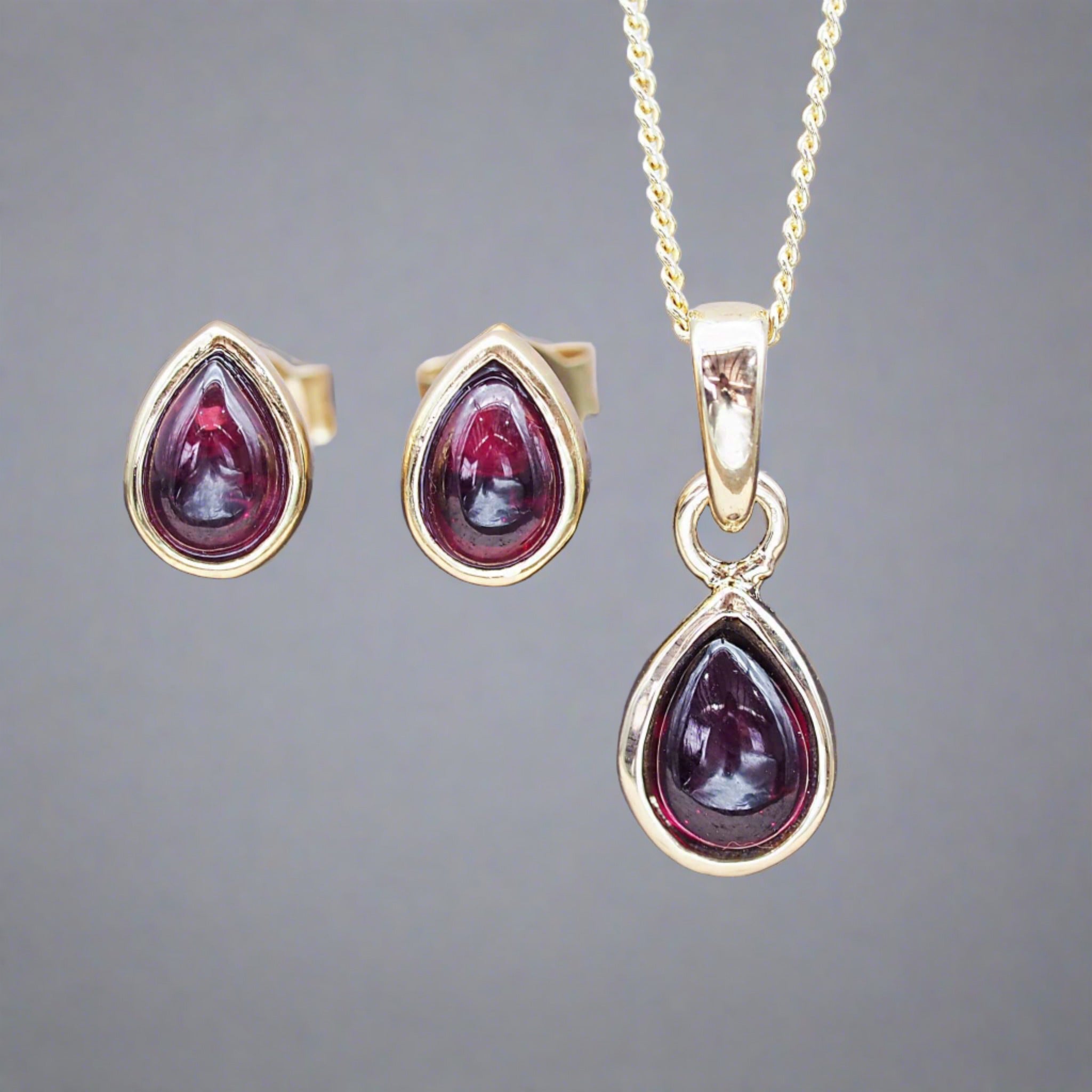 Gold January Birthstone Garnet earrings and garnet necklace by australian jewellery brand indie and harper