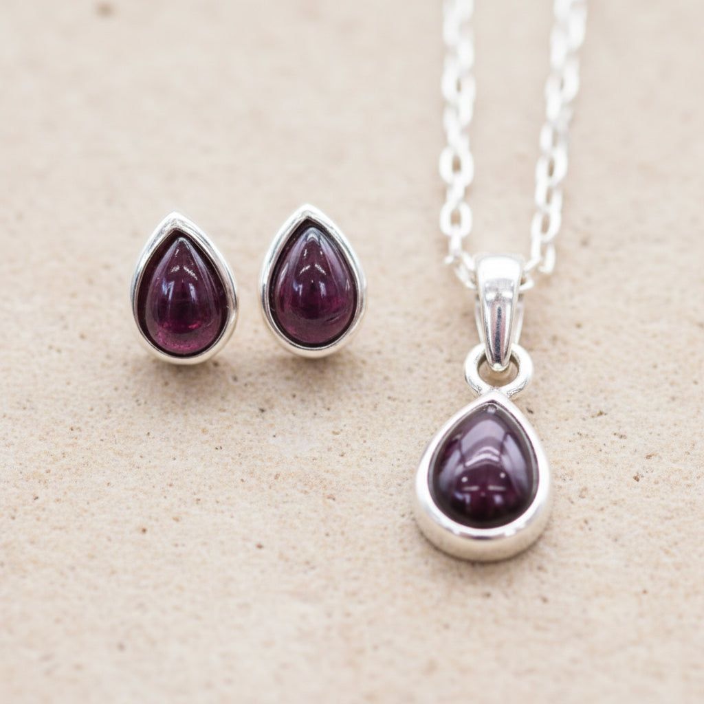 Silver January Birthstone garnet earrings and garnet necklace by australian jewellery brand indie and harper