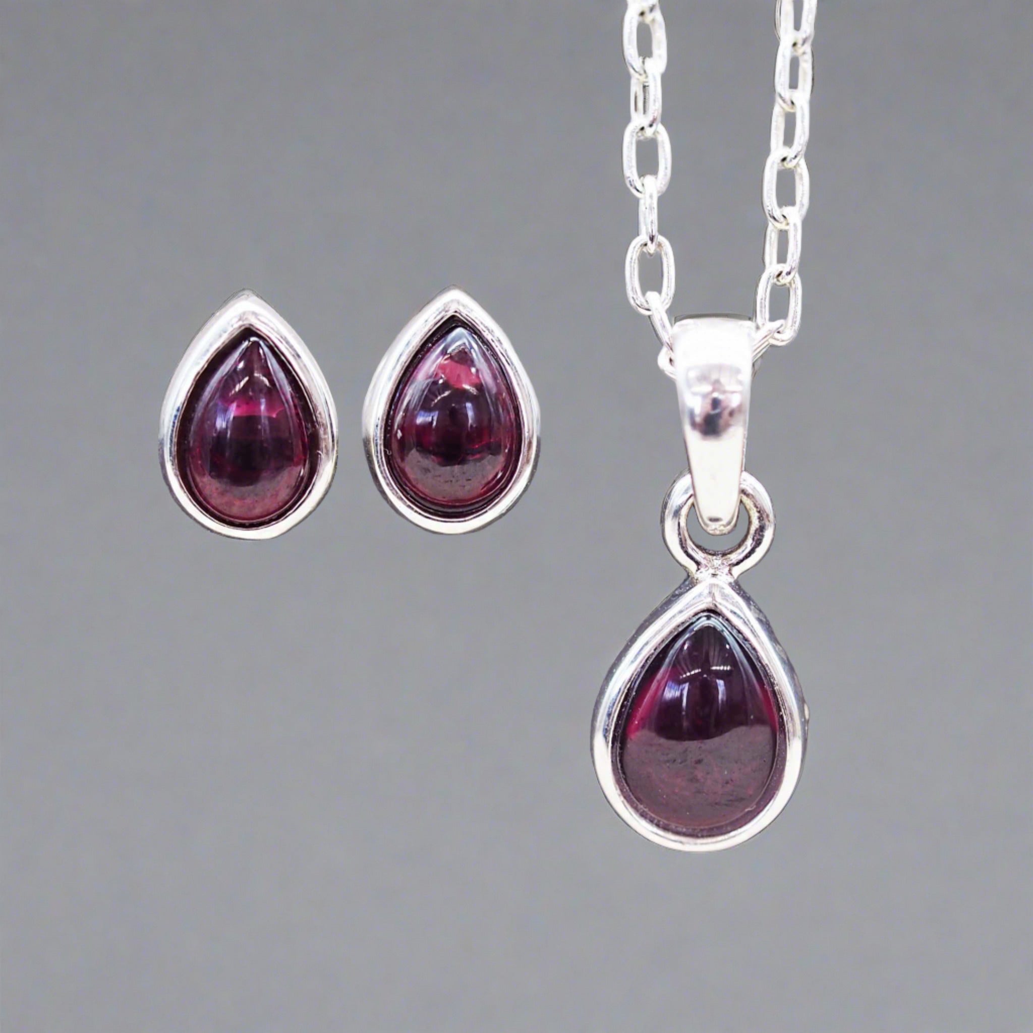 Silver January Birthstone garnet earrings and garnet necklace by australian jewellery brand indie and harper