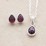 Sterling Silver January Birthstone Garnet Jewellery Set including pear-shaped Garnet stud earrings and pendant necklace