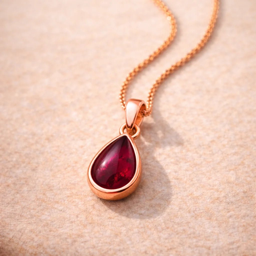Rose gold January Birthstone necklace with a red teardrop natural garnet gemstone pendant on a beige background