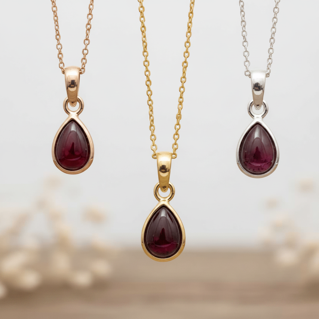 Three january birthstone necklaces with garnet gemstones in rose gold, gold and silver - january birthday jewellery gifts