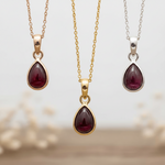 Three january birthstone necklaces with garnet gemstones in rose gold, gold and silver - january birthday jewellery gifts