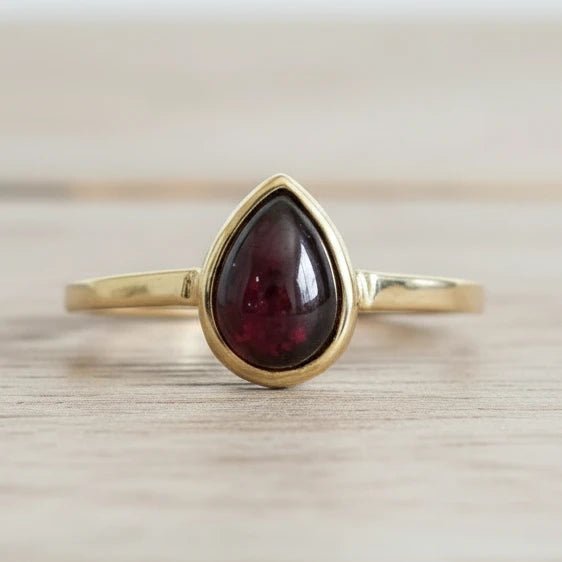 Gold January birthstone ring with pear-shaped natural garnet gemstone as a meaningful birthstone jewellery gift
