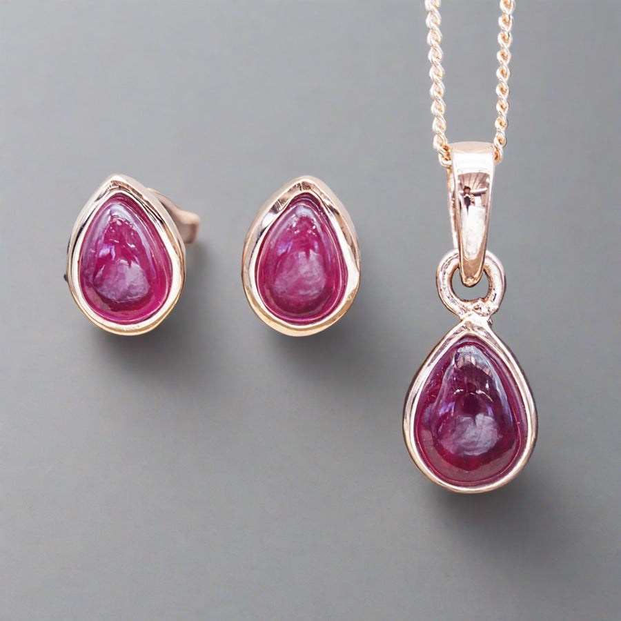 July Birthstone Necklace and Earrings - Rose Gold Ruby Jewellery - July Birthstone Jewellery Australia