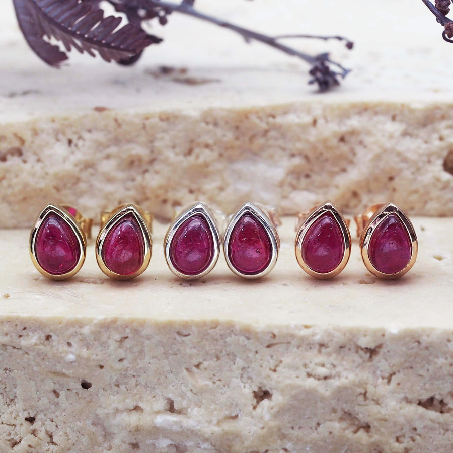 july birthstone earrings made with ruby gemstones and gold, silver and rose gold - women’s July birthstone jewellery Australia 