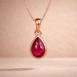 Rose Gold July Birthstone Necklace with pear-shaped natural ruby gemstone pendant - meaningful birthday gift