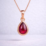 Rose Gold july birthstone necklace with a pear-shaped natural ruby gemstone pendant - birthday gift for her