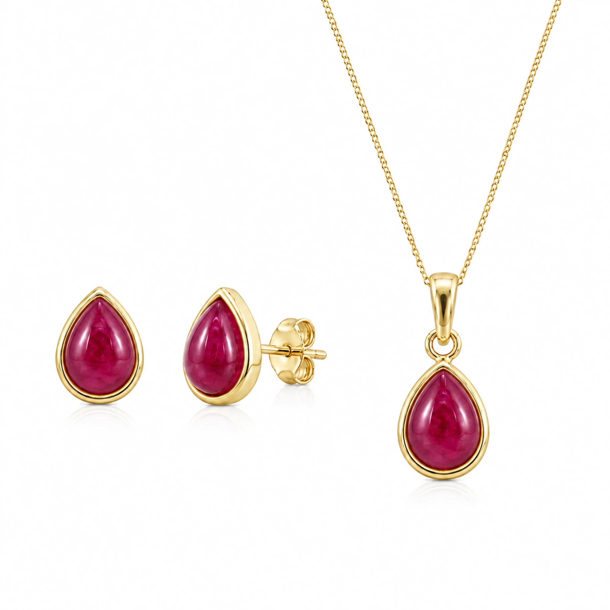 gold july birthstone jewellery set featuring natural ruby stud earrings and matching ruby necklace on a fine gold chain