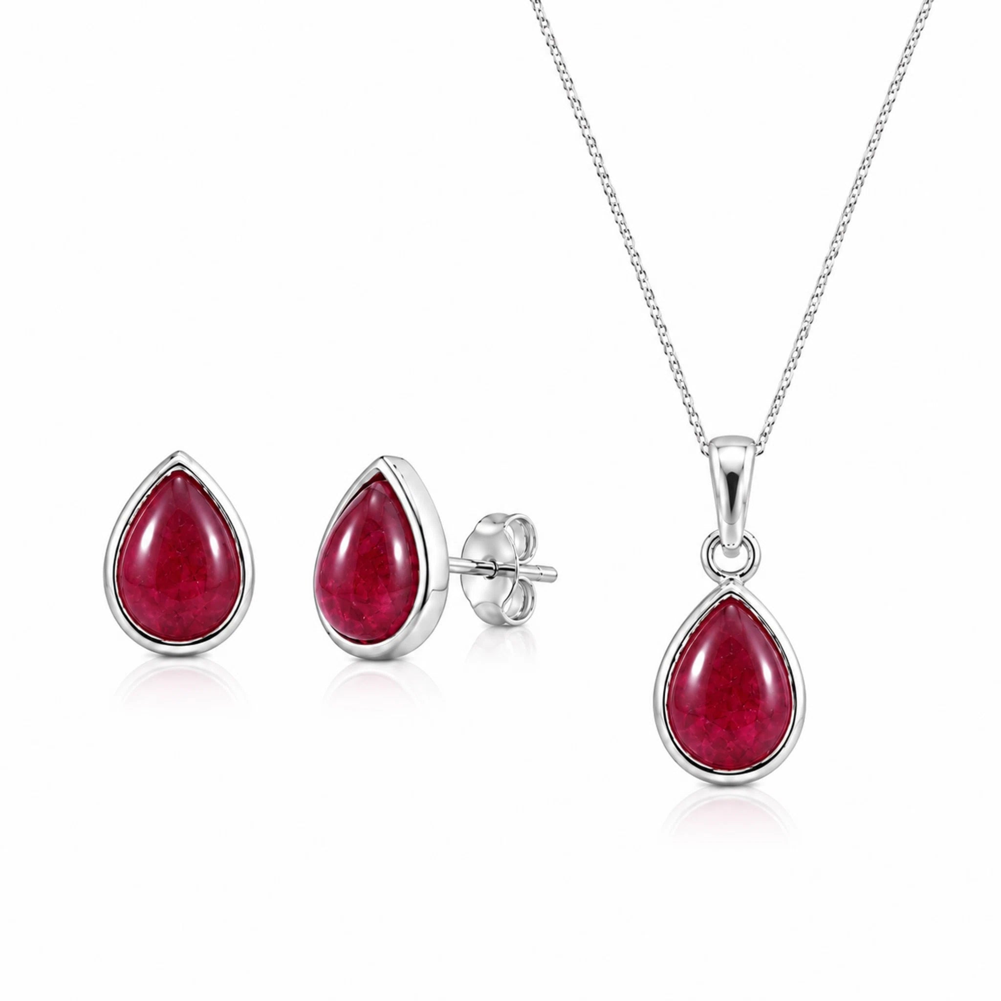 sterling silver july birthstone jewellery set featuring natural ruby stud earrings and matching ruby necklace on a fine silver chain