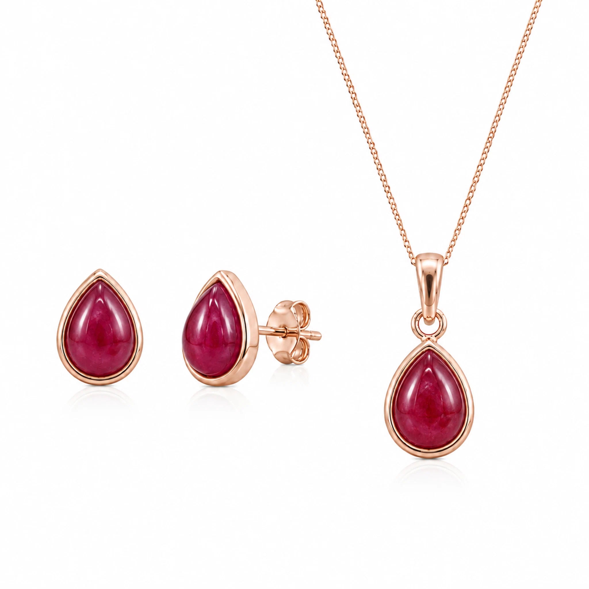 rose gold july birthstone jewellery set featuring natural ruby stud earrings and matching ruby necklace on a fine gold chain