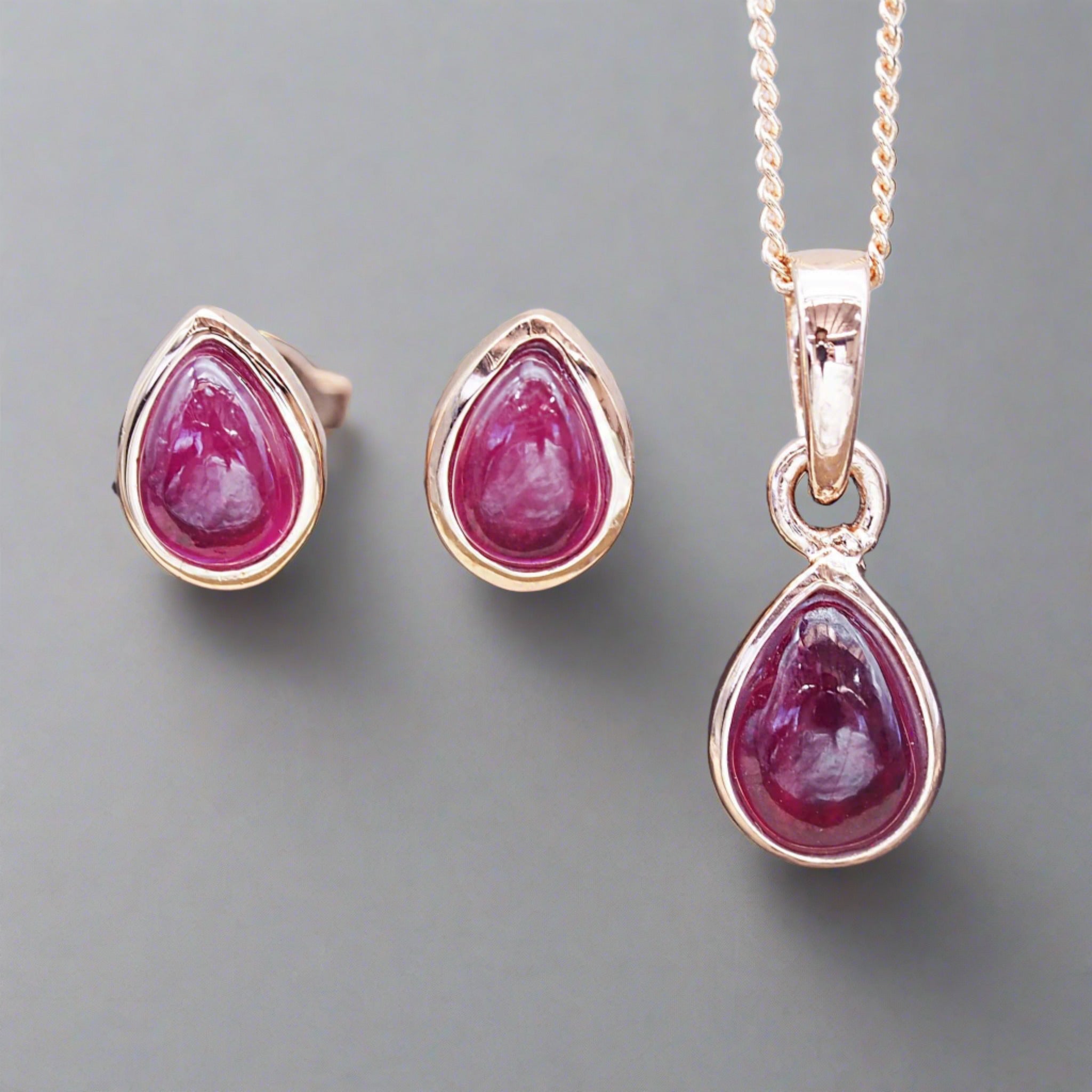rose gold July Birthstone ruby earrings and ruby necklace by indie and harper australia