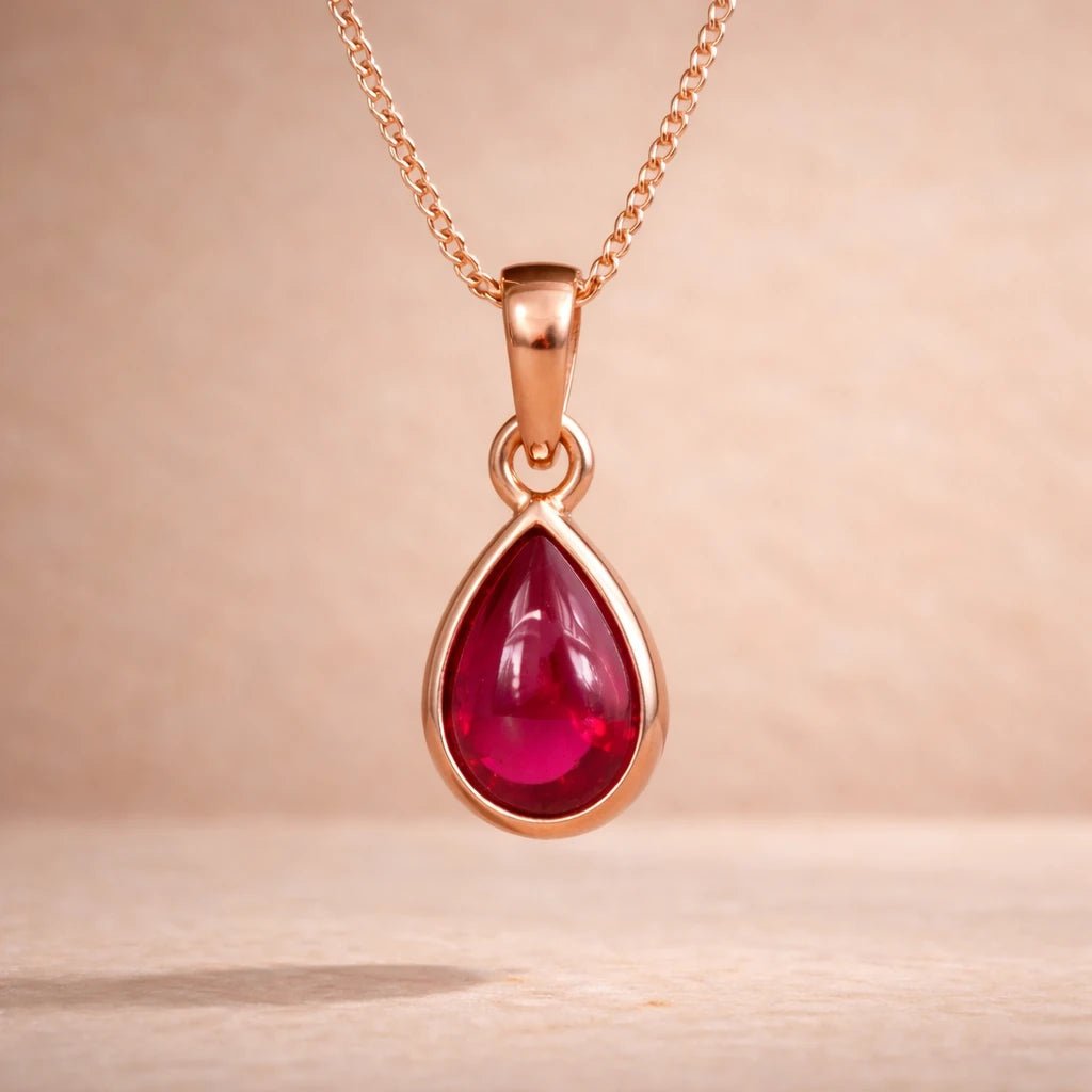 rose Gold necklace with a red teardrop natural ruby gemstone pendant on a beige background
