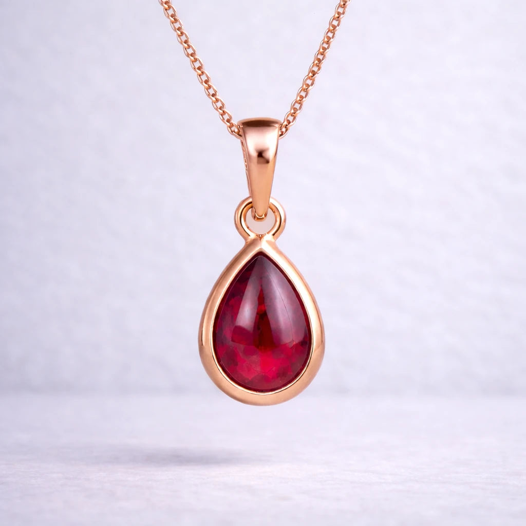 Rose gold necklace with a red teardrop natural ruby gemstone pendant on a light gray background