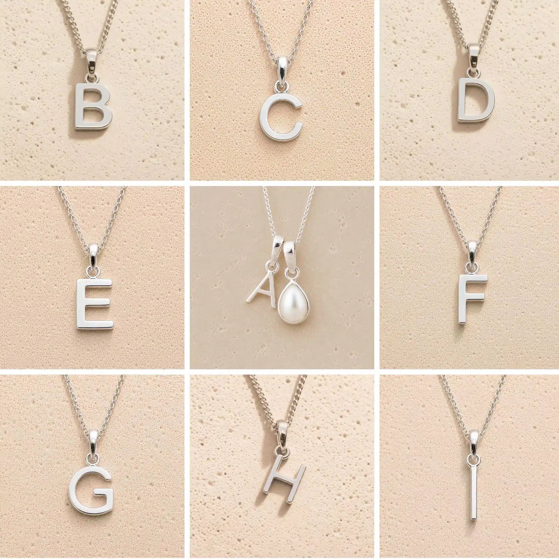 Collection of silver necklaces with initial pendant A to I on a beige background as personalised letter options to add to a June Birthstone Mother of Pearl Necklace.