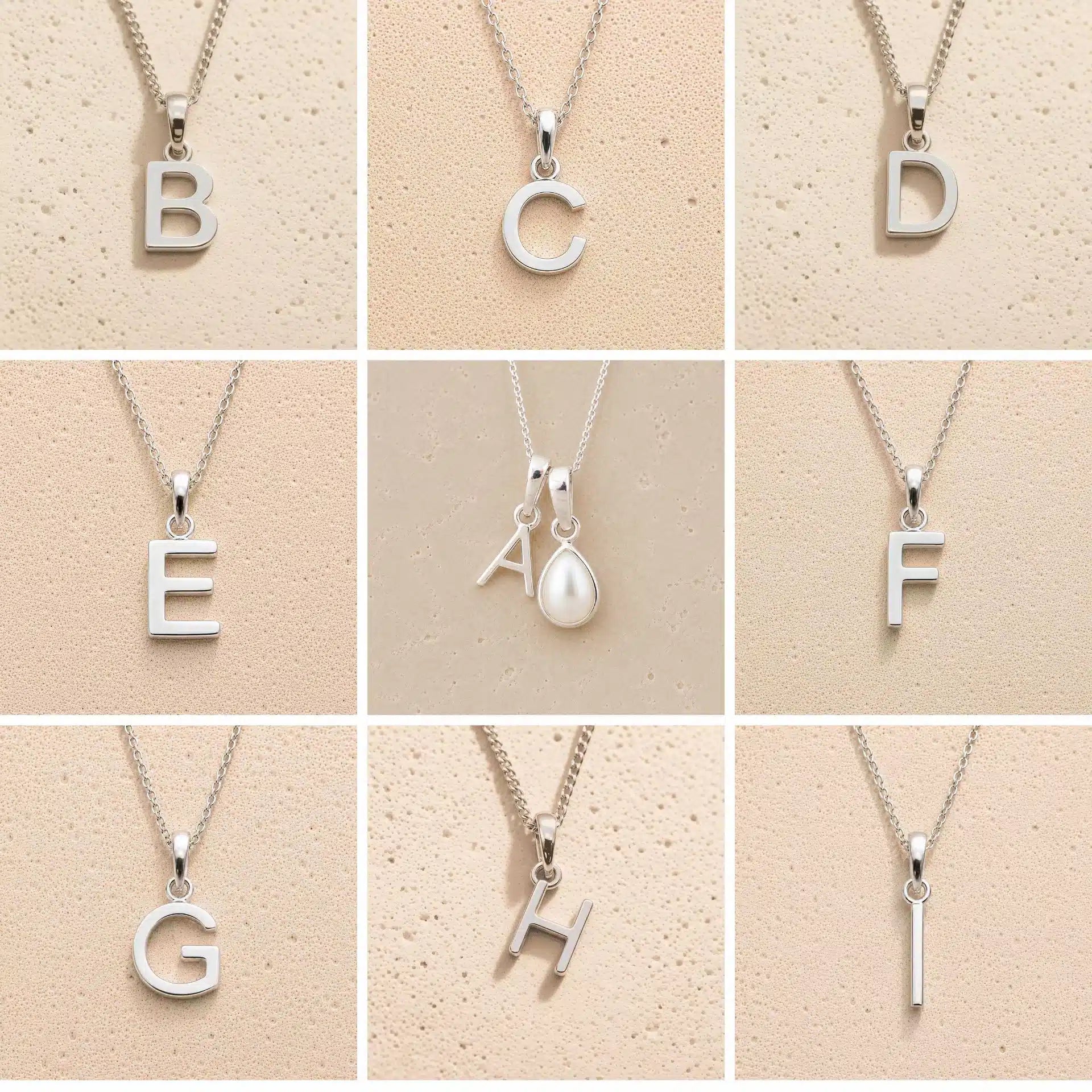 Collection of silver necklaces with initial pendant A to I on a beige background as personalised letter options to add to a June Birthstone Mother of Pearl Necklace.
