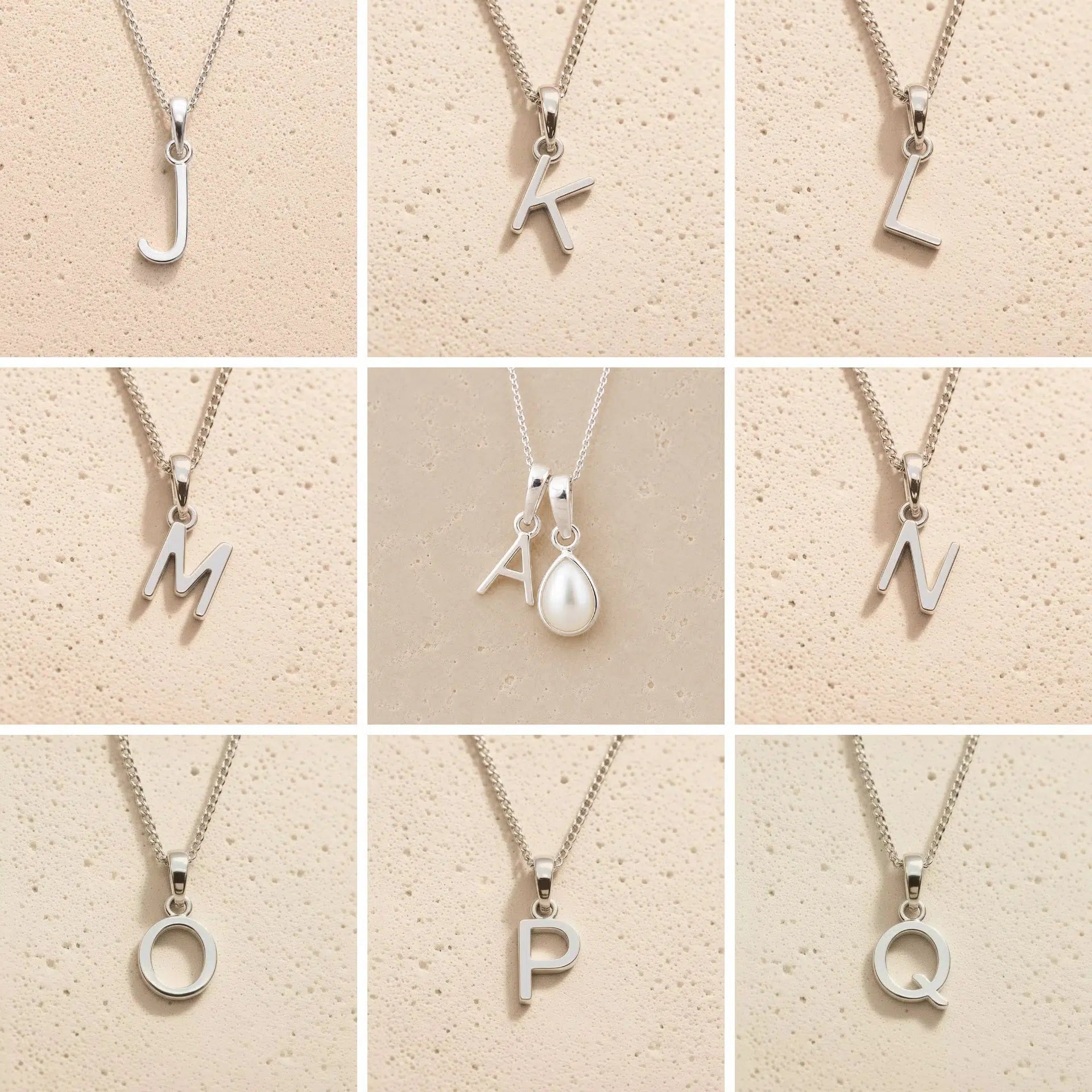 Collection of silver necklaces with initial pendant J to Q on a beige background as personalised letter options to add to a June Birthstone Mother of Pearl Necklace.