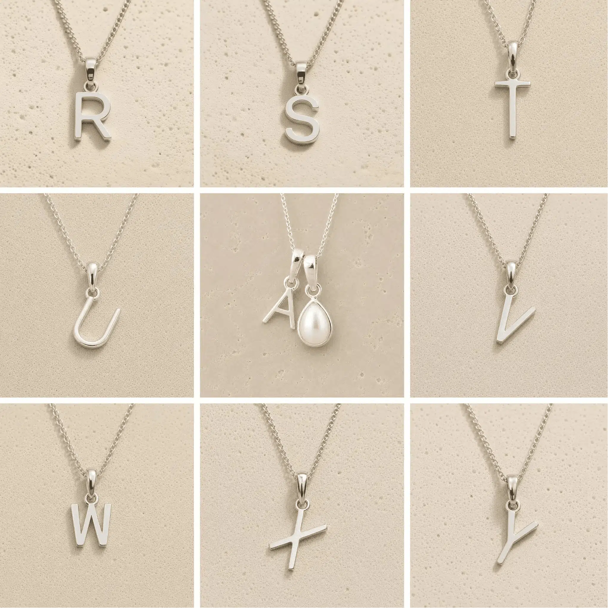 Collection of silver necklaces with initial pendant R to Y on a beige background as personalised letter options to add to a June Birthstone Mother of Pearl Necklace.