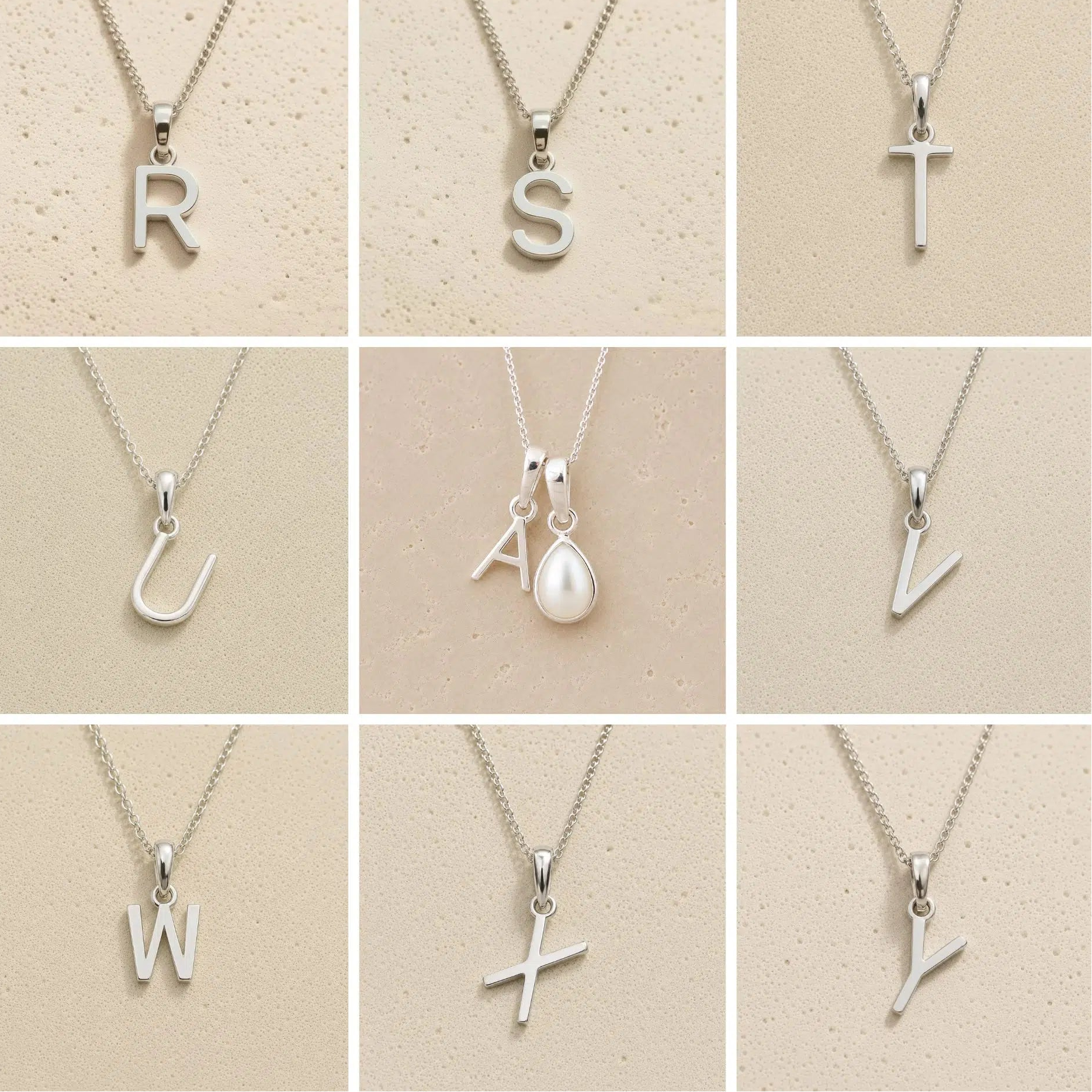 Collection of silver necklaces with initial pendant R to Y on a beige background as personalised letter options to add to a June Birthstone Mother of Pearl Necklace.