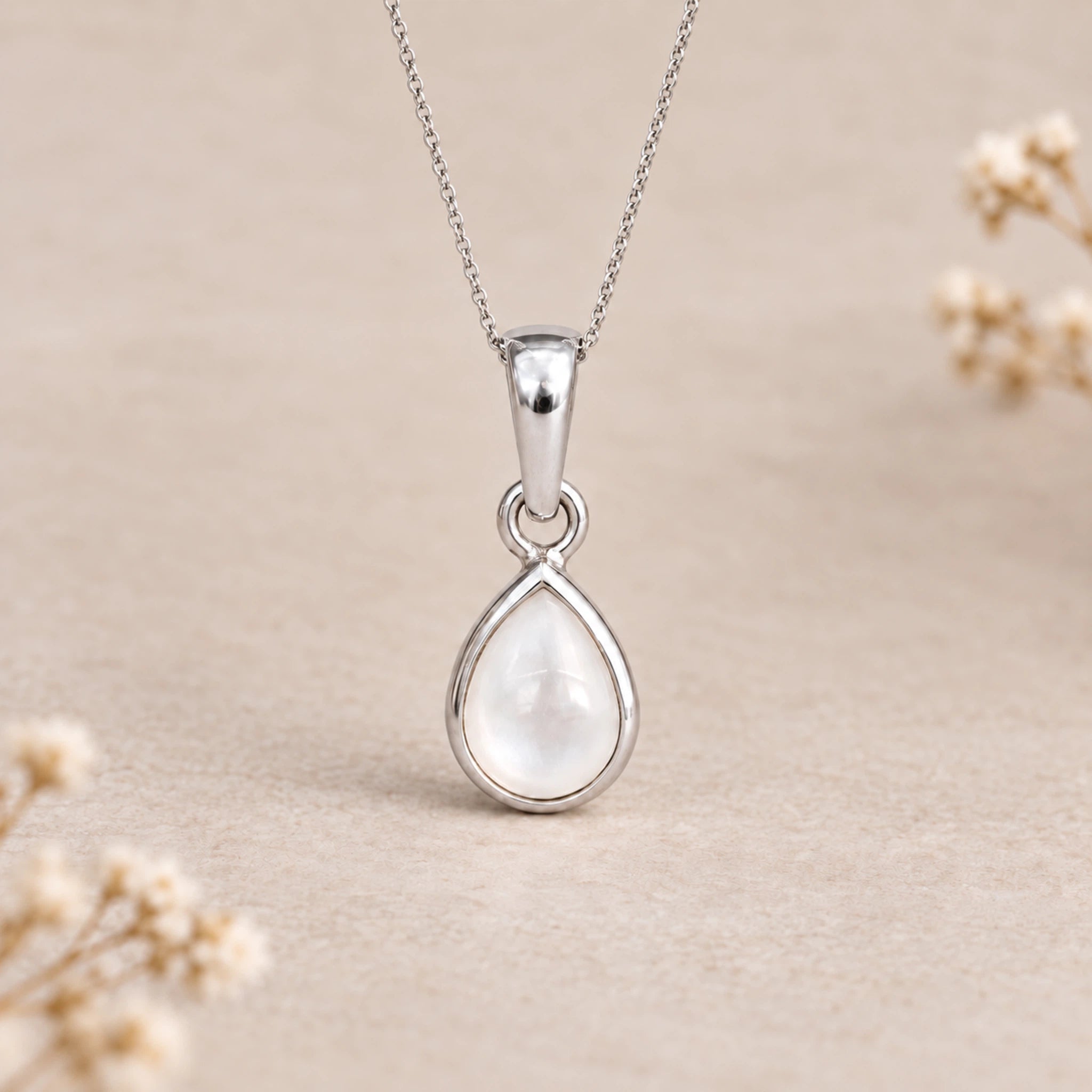 Sterling Silver June birthstone necklace with pear-shaped mother of pearl pendant - june birthday jewellery gift for her