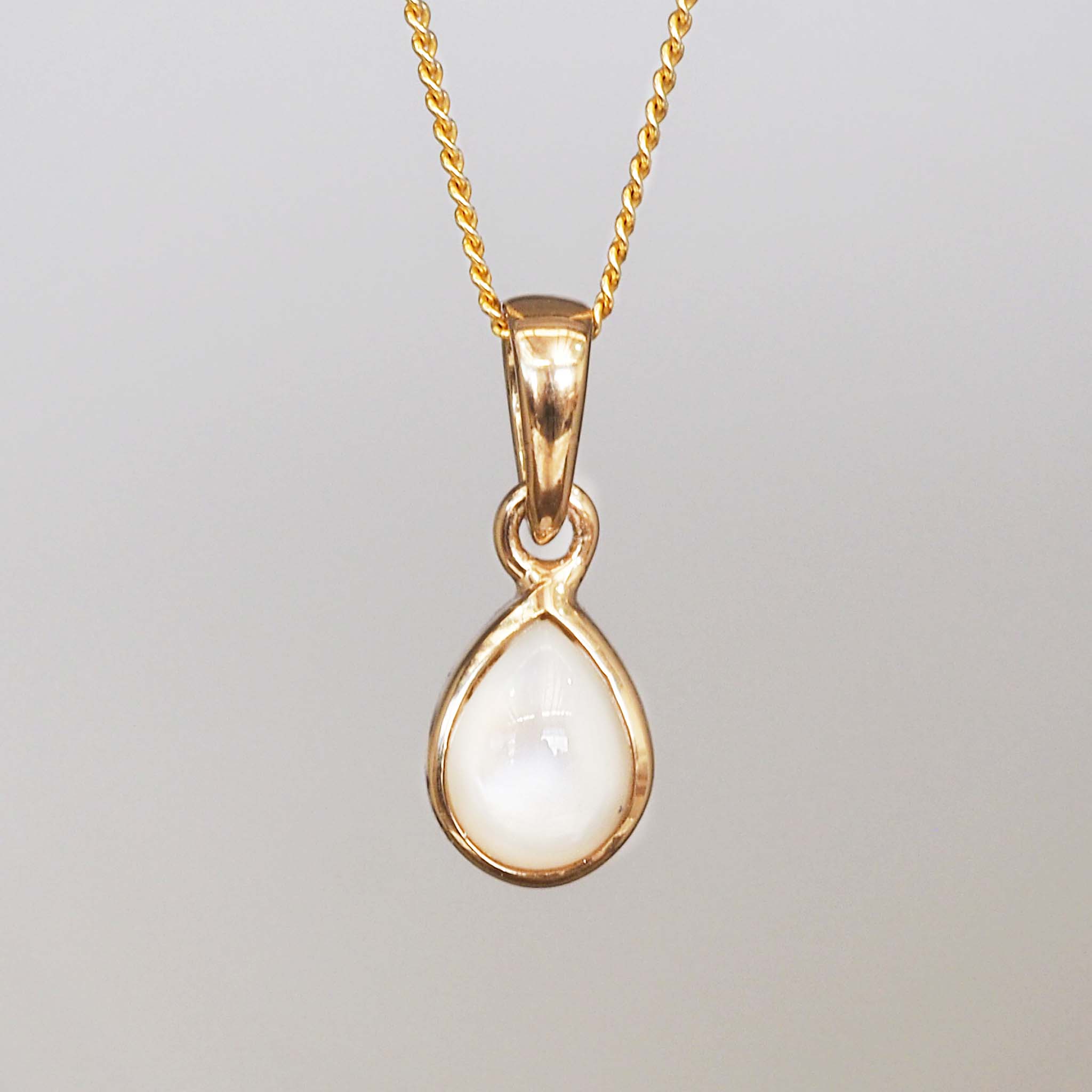 Gold June birthstone necklace with pear-shaped mother of pearl pendant - june birthday jewellery gift for her