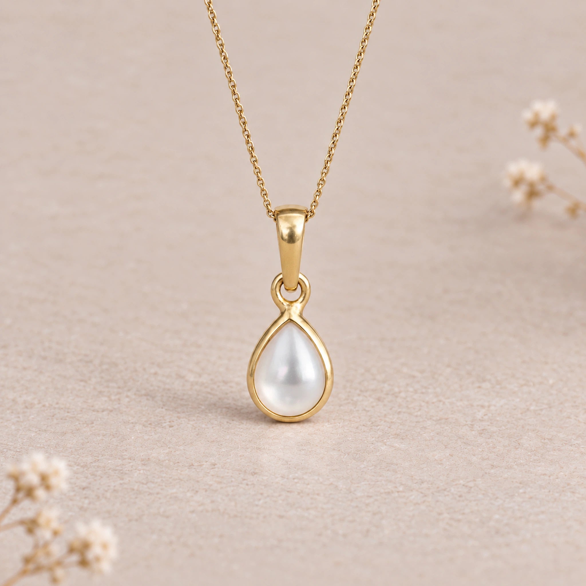 Gold June birthstone necklace with pear-shaped mother of pearl pendant - june birthday jewellery gift for her