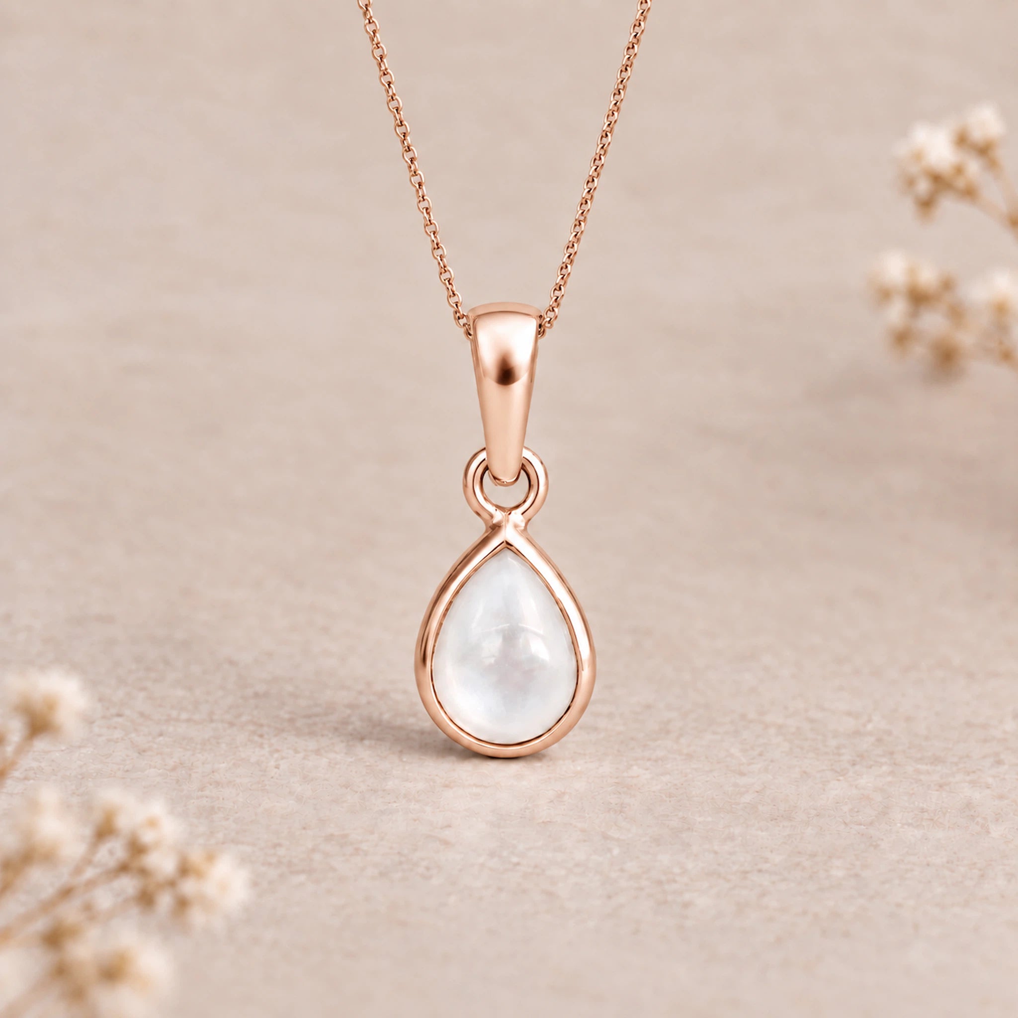 Rose Gold June birthstone necklace with pear-shaped mother of pearl pendant - june birthday jewellery gift for her