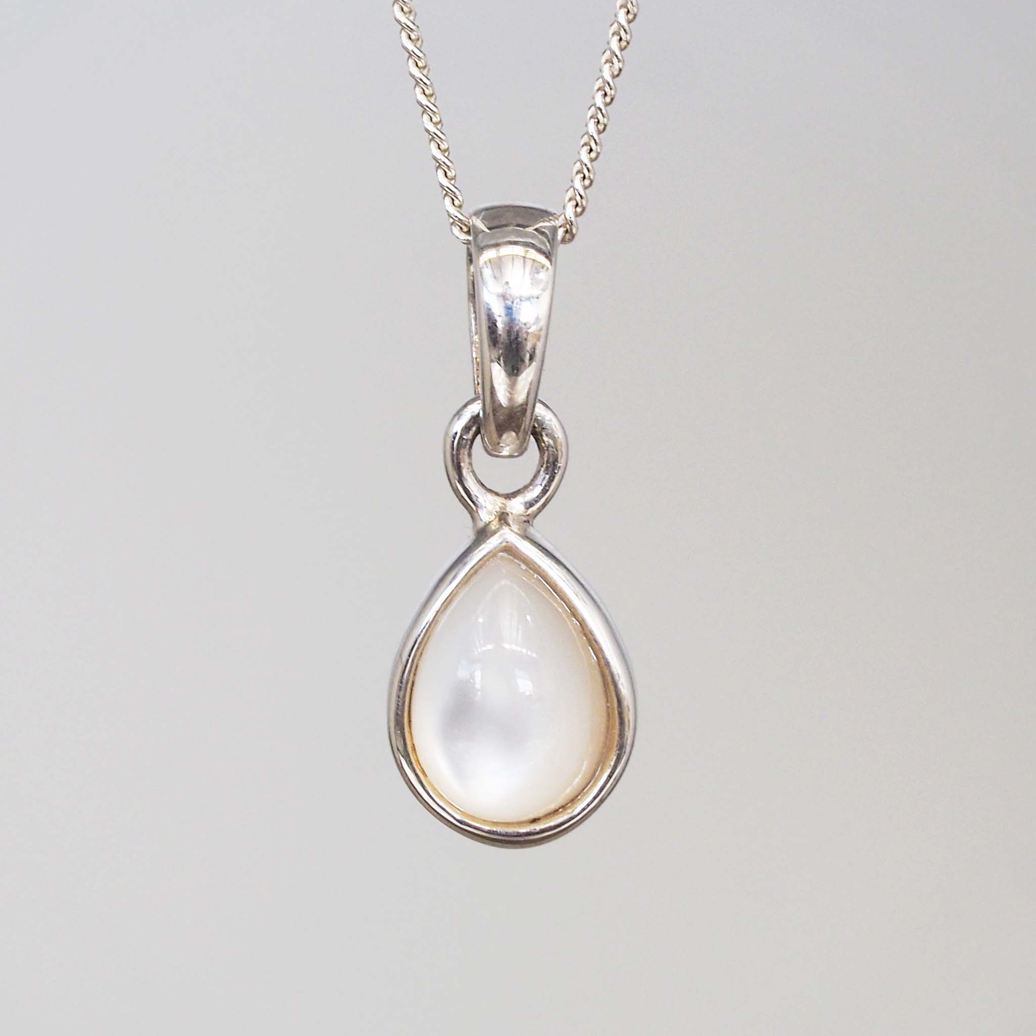 Sterling Silver June birthstone necklace with pear-shaped mother of pearl pendant - june birthday jewellery gift for her