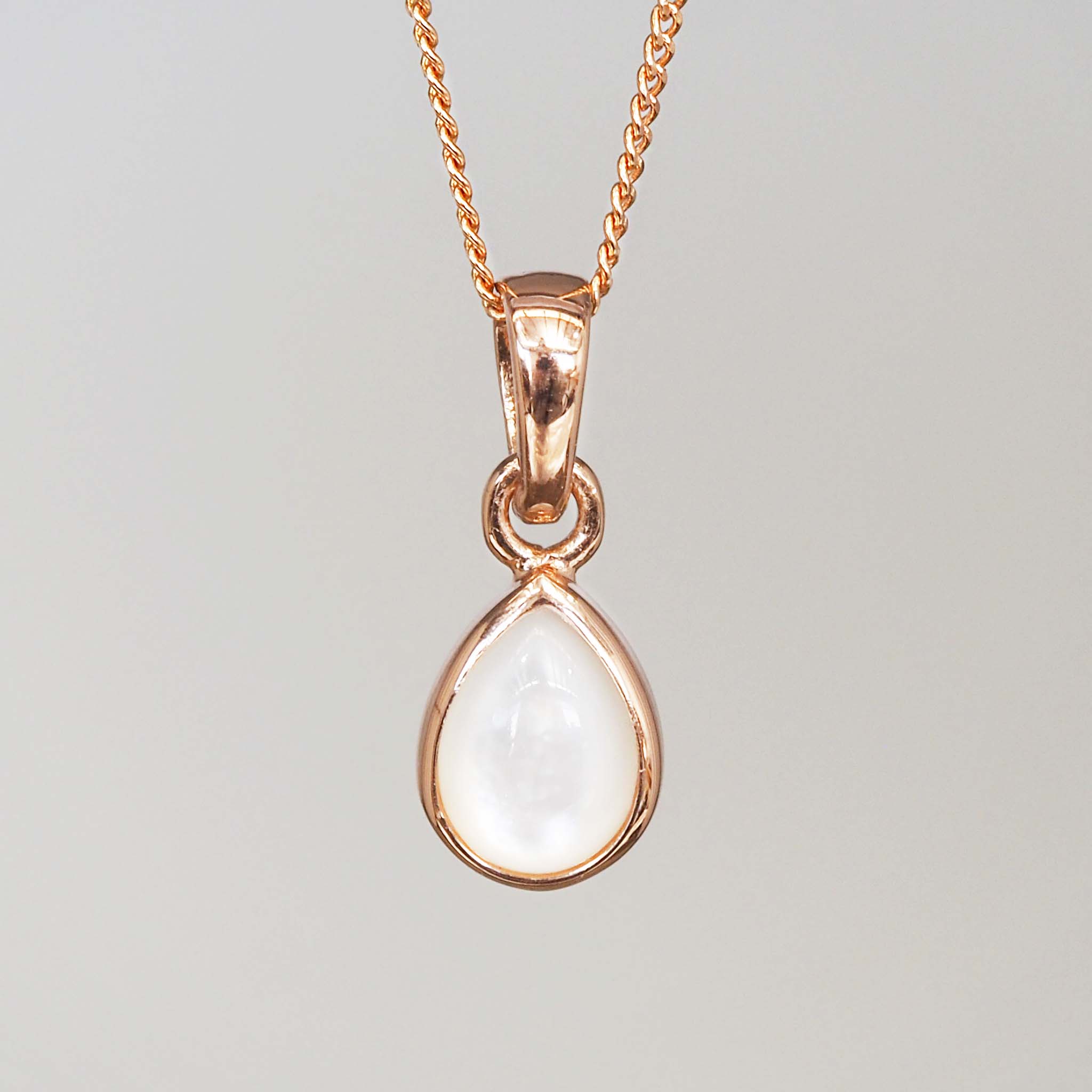 Rose Gold June birthstone necklace with pear-shaped mother of pearl pendant - june birthday jewellery gift for her