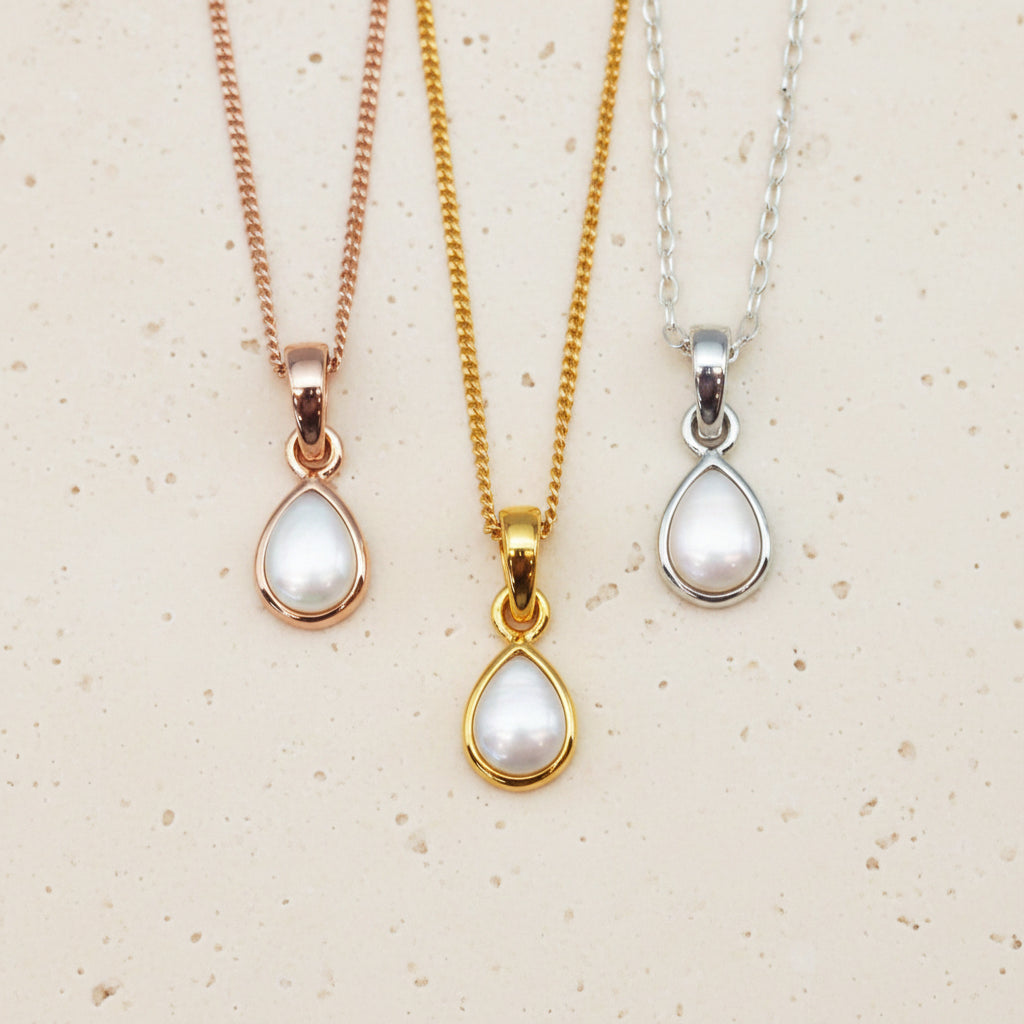 June birthstone necklaces with pear-shaped mother of pearl pendants - june birthday jewellery gift for her