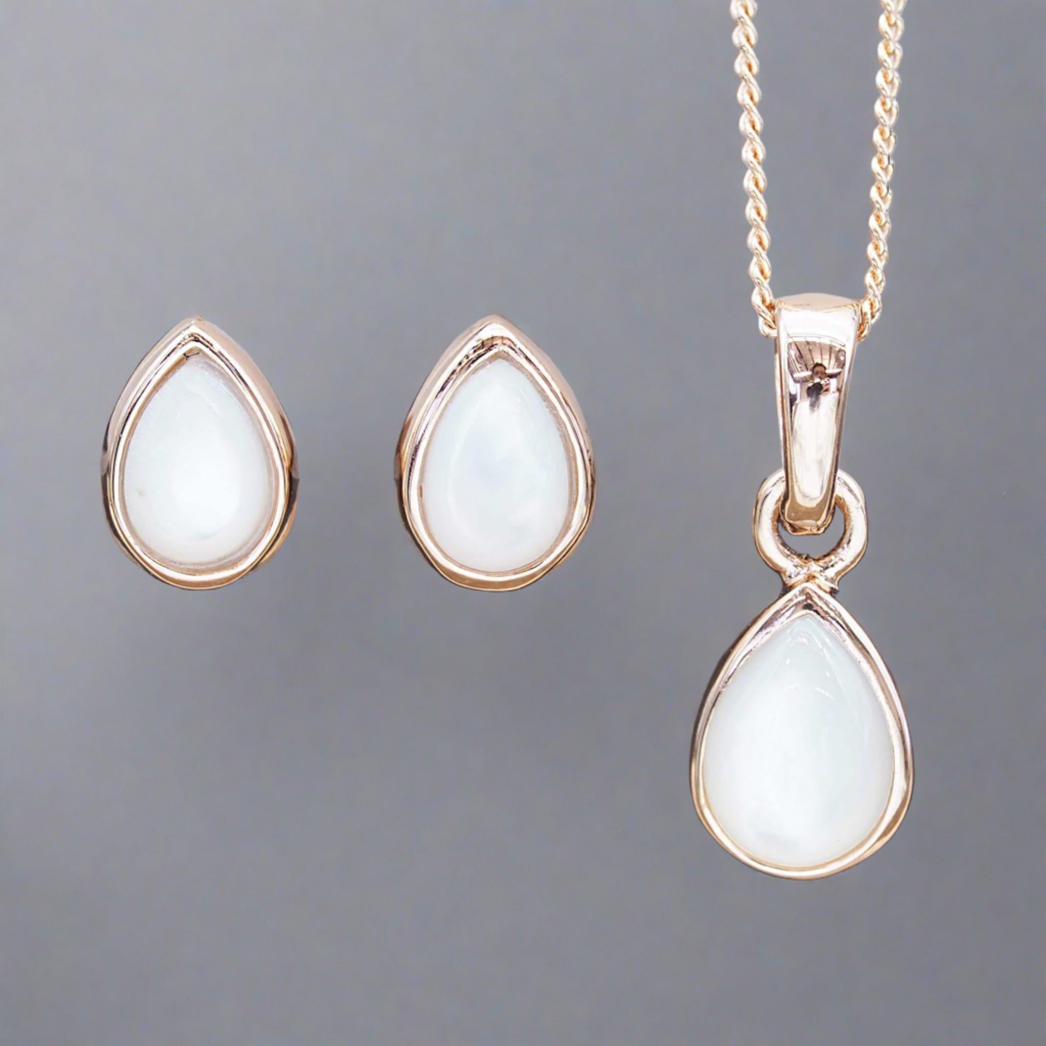 Rose Gold June Birthstone Jewellery Set including a pair of mother of pearl stud earrings and pendant necklace - june birthday gift for her